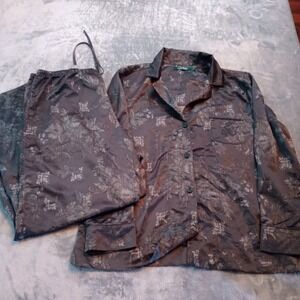 Ralph Lauren Satin Pajamas Medium Dark Gray Floral Royalty Old Money‎ Preppy